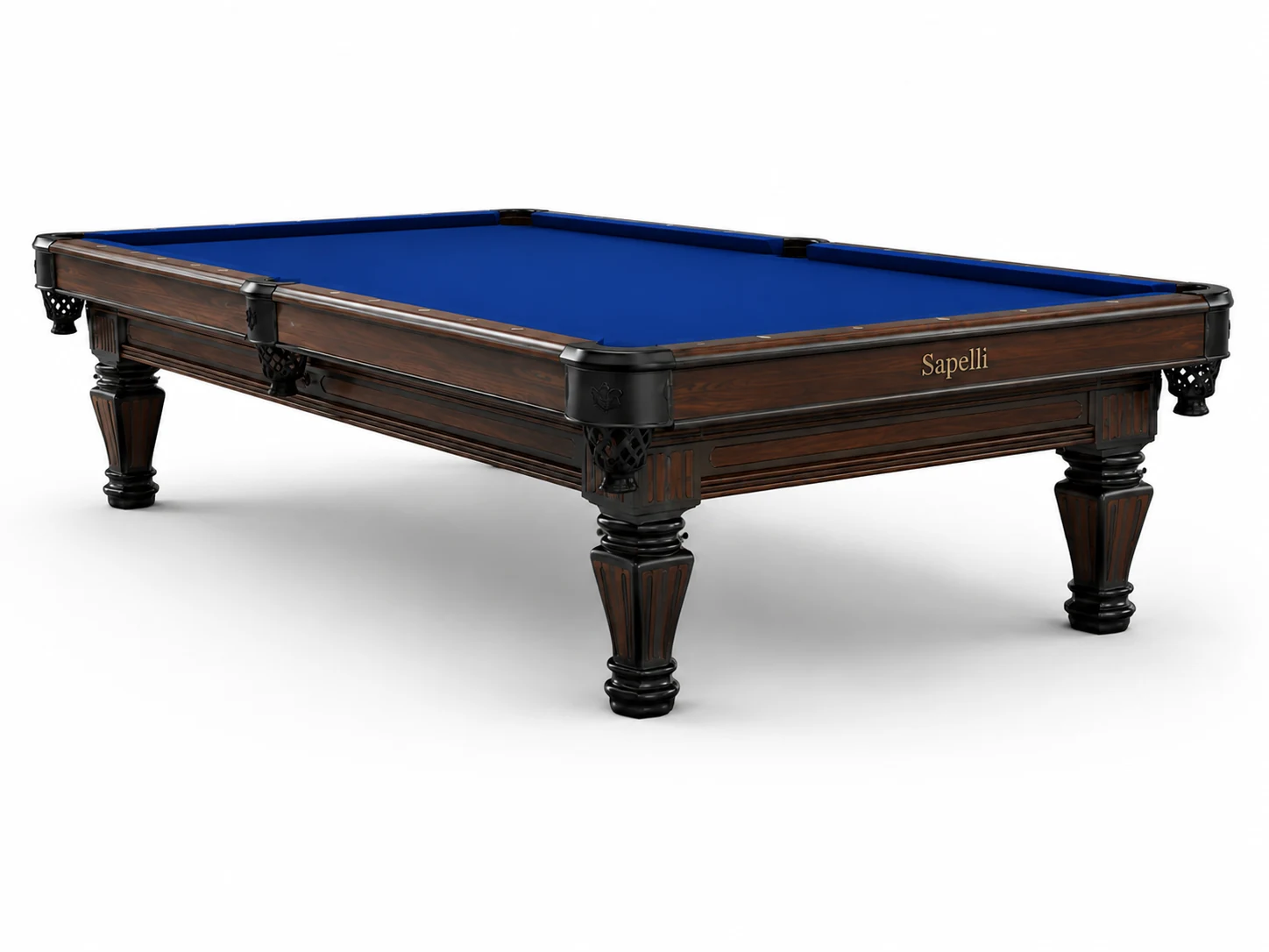 Sapelli History Classic V2 1453 professioneller Poolbillardtisch mit dunkel walnussfarbenem Korpus, blauem Tuch und gedrechselten Beinen