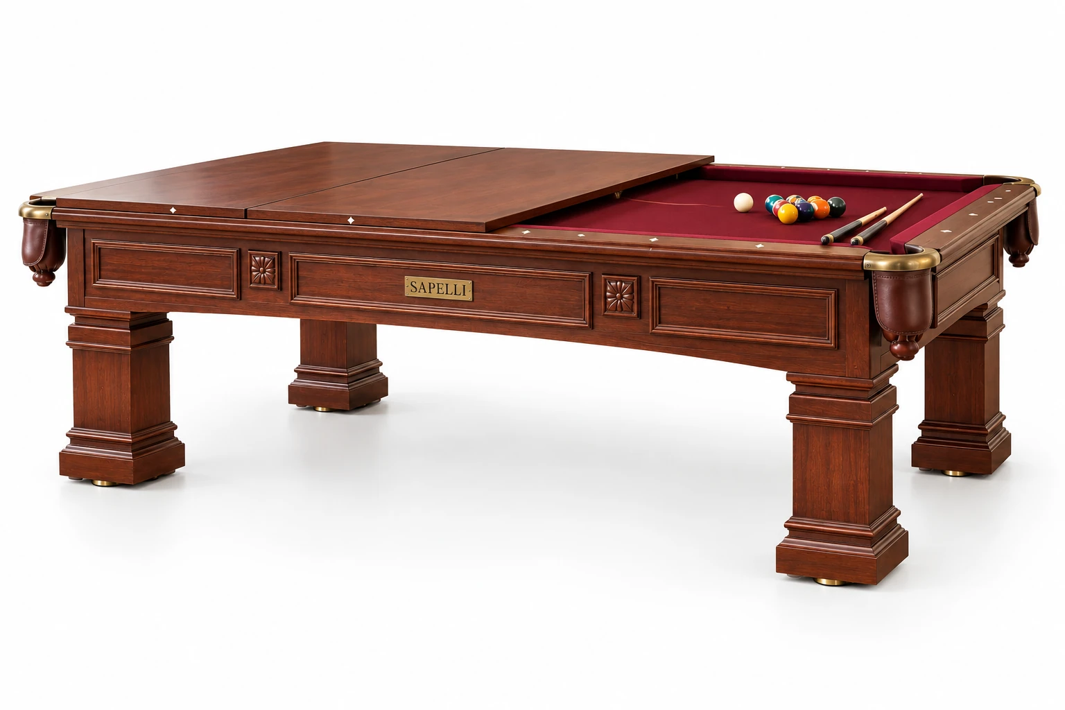 Sapelli History V10 yemek masasına dönüşebilen klasik profesyonel bilardo masası beyaz fonlu ürün görseli