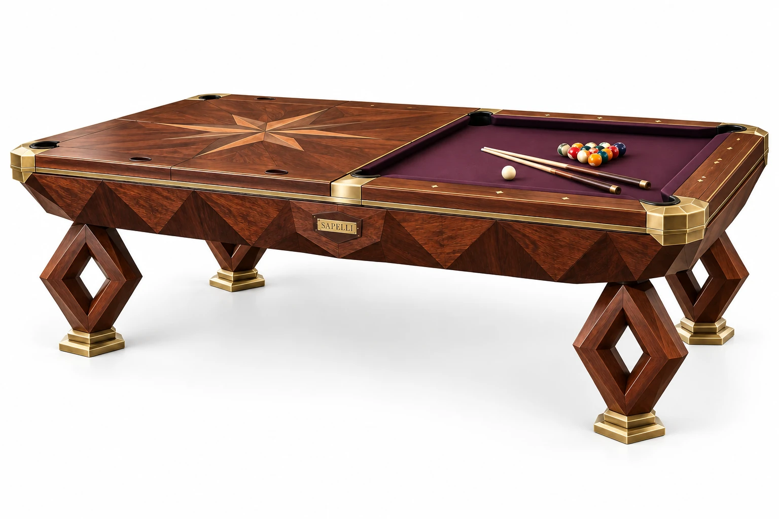 Sapelli History V6 yemek masasına dönüşebilen klasik profesyonel bilardo masası beyaz fonlu ürün görseli