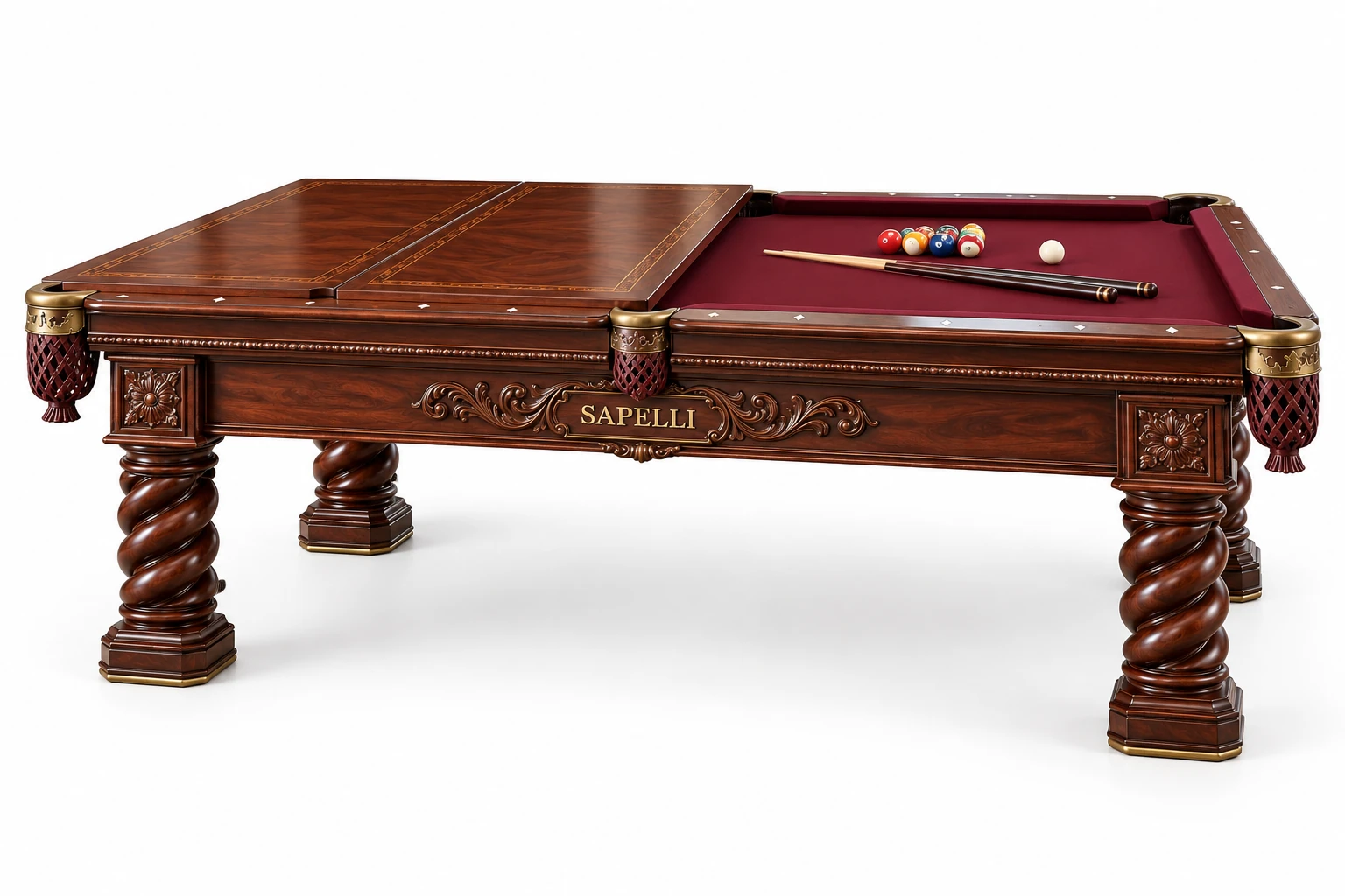 Sapelli History V7 yemek masasına dönüşebilen klasik profesyonel bilardo masası beyaz fonlu ürün görseli