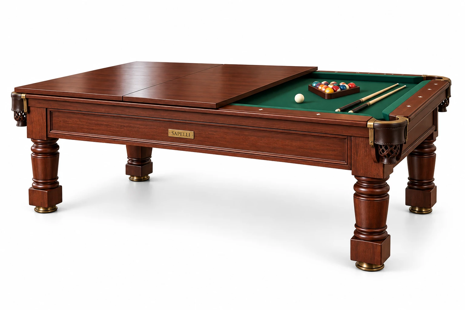 Sapelli History V8 yemek masasına dönüşebilen klasik profesyonel bilardo masası beyaz fonlu ürün görseli