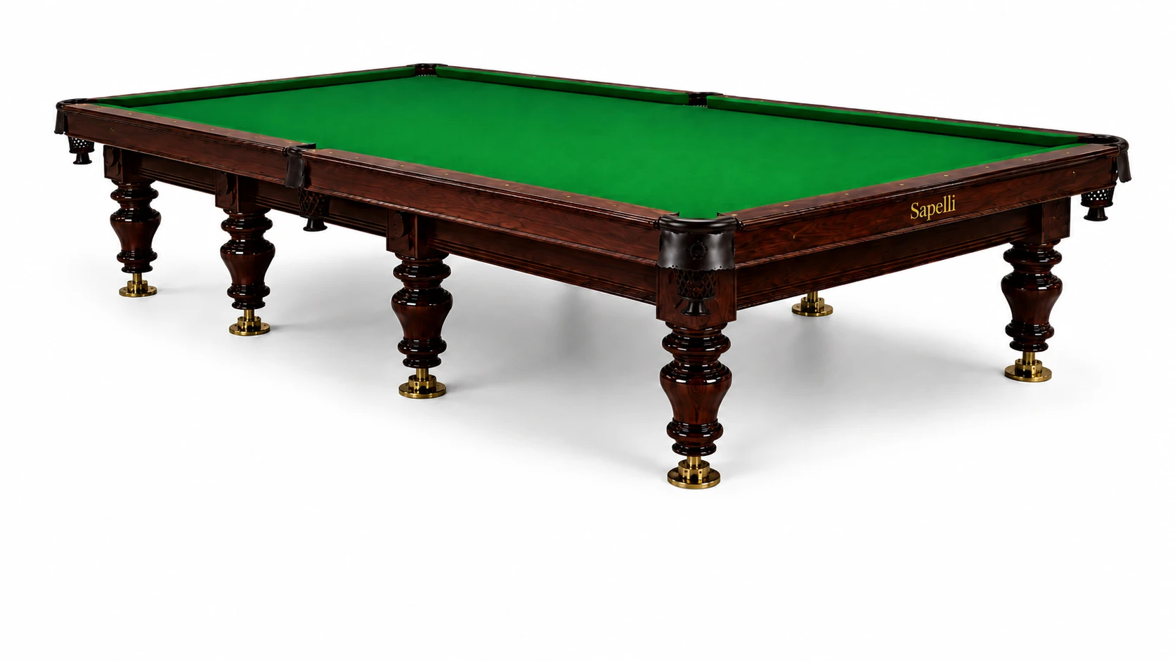 Sapelli History Classic Snooker profesyonel 8 ayaklı snooker masası, yeşil çuha, koyu ahşap gövde ve pirinç krikolu tabaklar