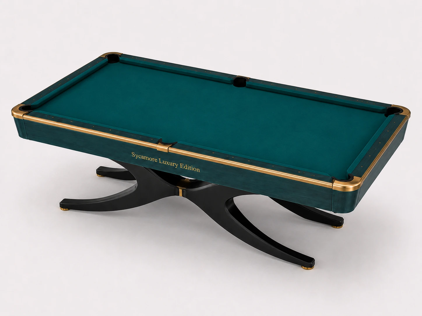 Sapelli Sycamore Luxury Edition profesyonel lüks bilardo masası, turkuaz çuha, altın detaylar ve beyaz fonlu ürün fotoğrafı Sapelli Sycamore Luxury Edition profesyonel lüks bilardo masası, turkuaz çuha, altın detaylar ve beyaz fonlu ürün fotoğrafı