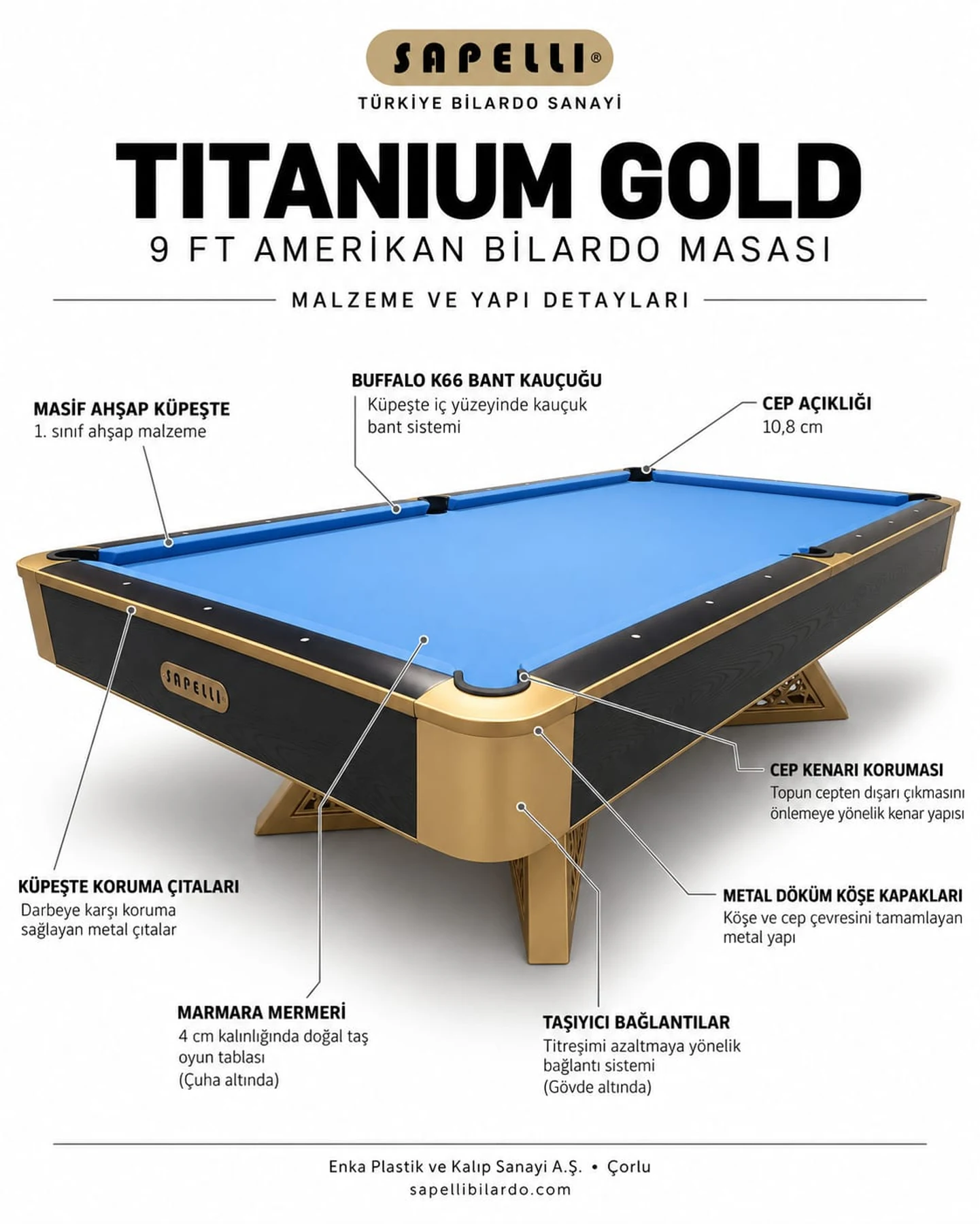 Sapelli Titanium Gold bilardo masası, 9 ft profesyonel yapı ve malzeme detaylarını gösteren ana görsel Sapelli Titanium Gold bilardo masası, 9 ft profesyonel yapı ve malzeme detaylarını gösteren ana görsel