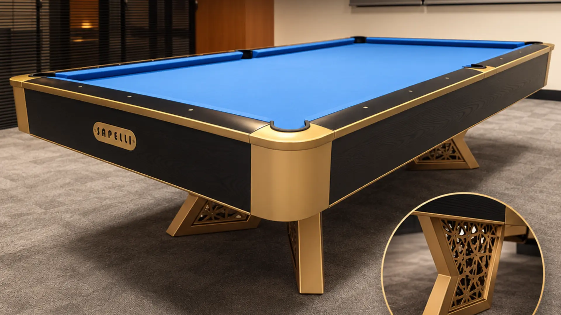 Sapelli Titanium Gold mavi çuhalı profesyonel bilardo masası
